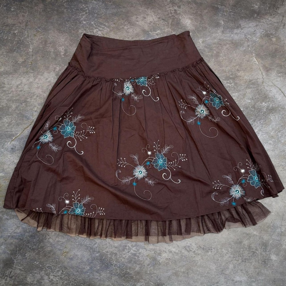Vintage B.B. Jeans  Brown Floral Embroidered Skirt Women's Medium Cottage Y2K
